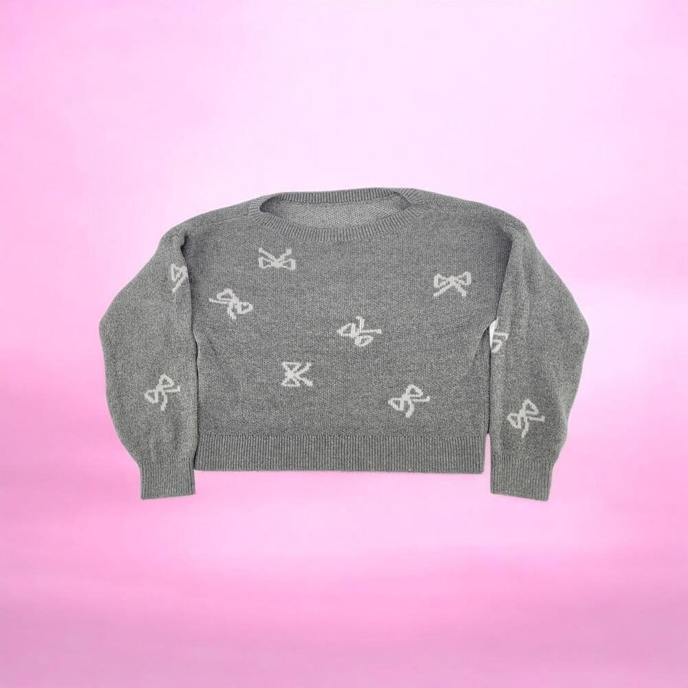 Abercrombie Kids Girls Cozy Cropped Gray Sweater White Bow Knit Detail 9-10 OOS
